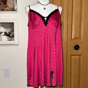 George Slip Dress Women XL Pink Black Heart Lace Trim Nightgown Adjustable Strap